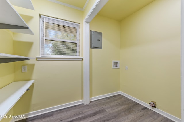 laundry room with ornamental molding, hardwood / wood-style floors, electric panel, and washer hookup