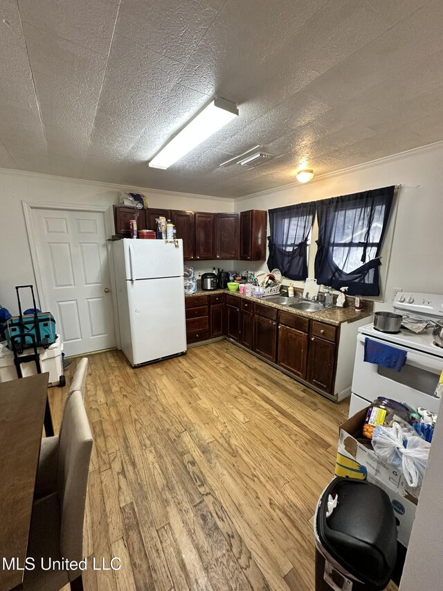 kitchen featuring a sink, light wood finished floors, a textured ceiling, white appliances, and dark brown cabinets