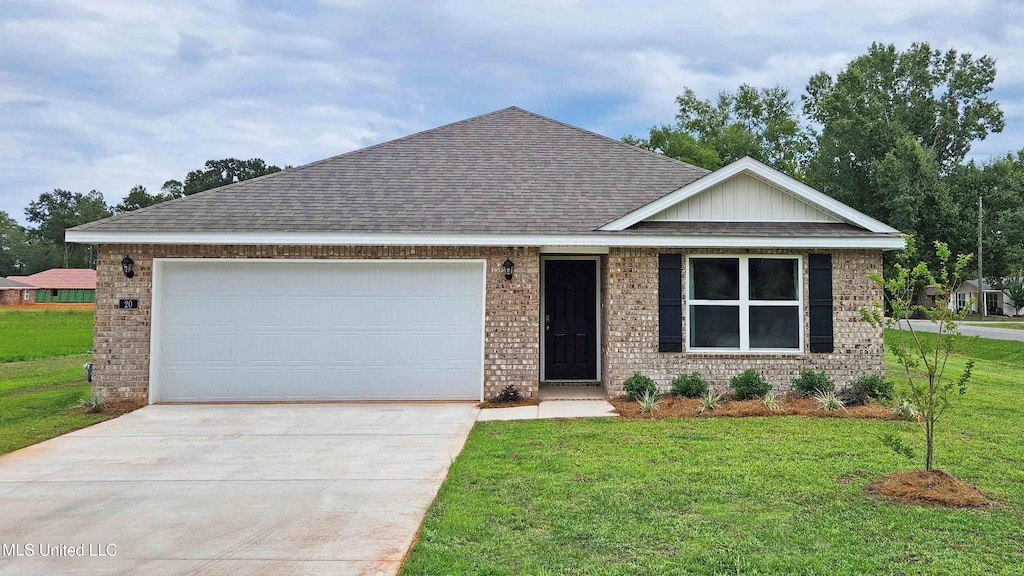 single story home with brick siding, driveway, a shingled roof, and a front lawn