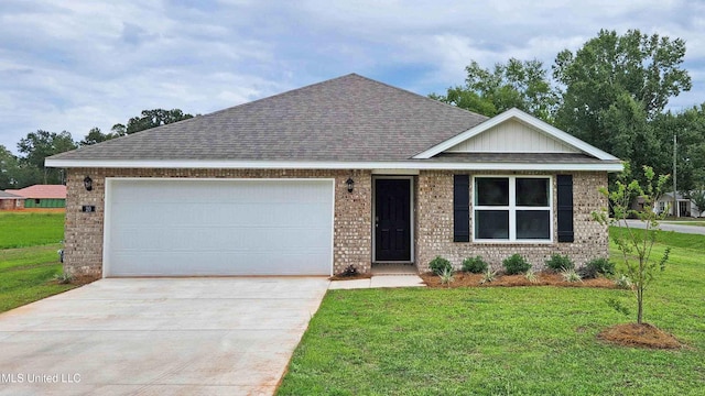 single story home with brick siding, driveway, a shingled roof, and a front lawn