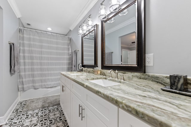 17508 John Cumbest Rd, Moss Point, MS 39562 - full bathroom with double vanity, ornamental molding, tile patterned flooring, shower / tub combo with curtain, and recessed lighting