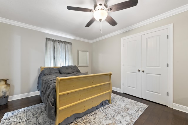 17508 John Cumbest Rd, Moss Point, MS 39562 - bedroom featuring crown molding, baseboards, wood finished floors, and ceiling fan