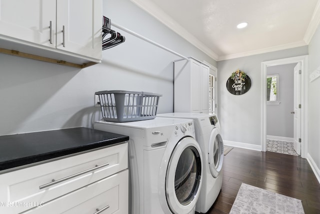 17508 John Cumbest Rd, Moss Point, MS 39562 - laundry room featuring washer and clothes dryer, baseboards, dark wood-type flooring, ornamental molding, and recessed lighting