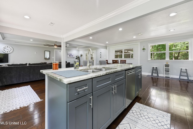 17508 John Cumbest Rd, Moss Point, MS 39562 - kitchen with open floor plan, dishwasher, a sink, dark wood-style flooring, and ornamental molding