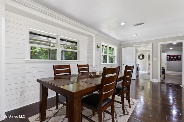 17508 John Cumbest Rd, Moss Point, MS 39562 - dining room with crown molding, recessed lighting, dark wood-type flooring, and baseboards