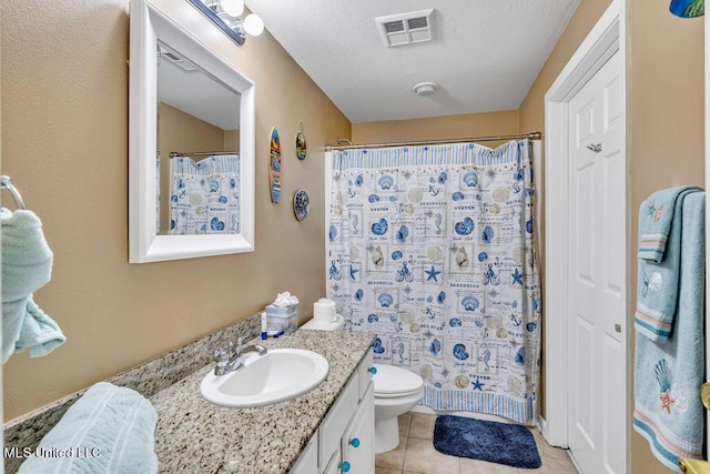 bathroom featuring visible vents, vanity, curtained shower, toilet, and tile patterned floors