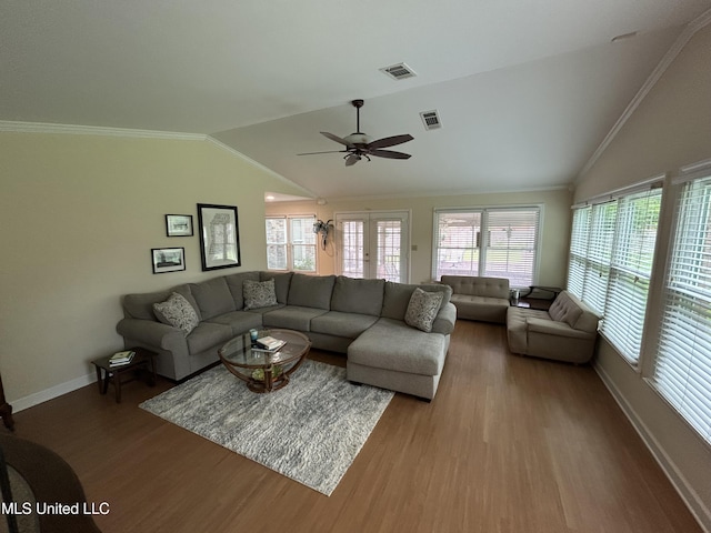 502 Frederick Dr, Cleveland, MS 38732 - living area with lofted ceiling, wood finished floors, baseboards, ceiling fan, and crown molding