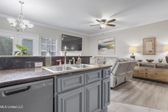 kitchen with gray cabinets, dishwasher, ornamental molding, and pendant lighting