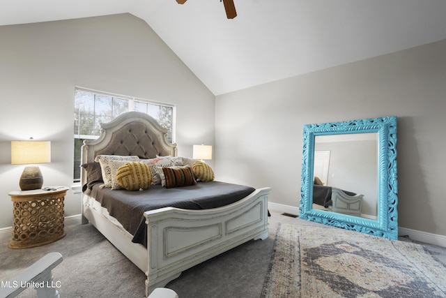 bedroom featuring high vaulted ceiling, carpet flooring, and ceiling fan