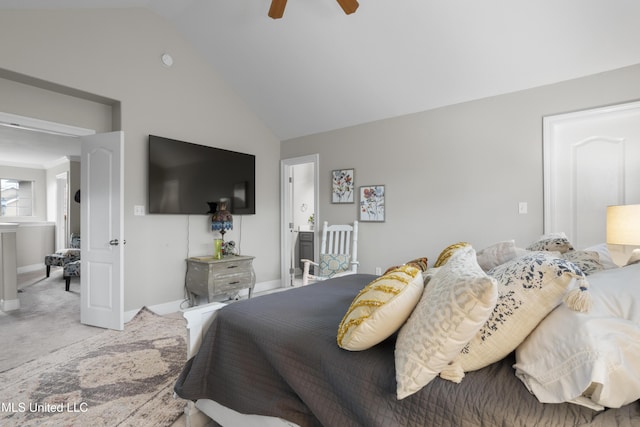 carpeted bedroom with lofted ceiling and ceiling fan