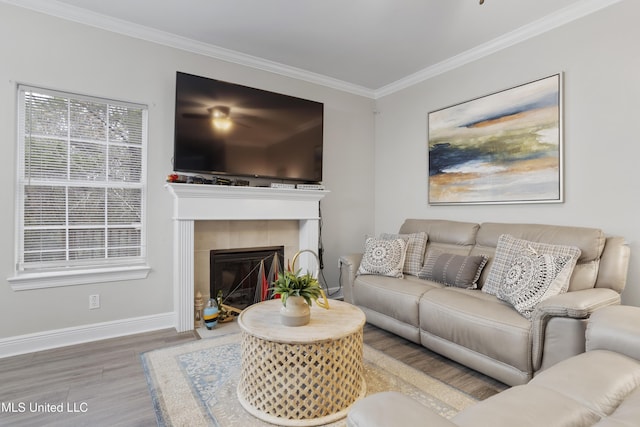 living room featuring crown molding, wood-type flooring, and a tiled fireplace