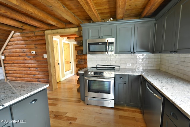 3490 Sherrod Rd, Nesbit, MS 38651 - kitchen featuring stainless steel appliances, rustic walls, wooden ceiling with exposed beams, light wood-style flooring, and backsplash