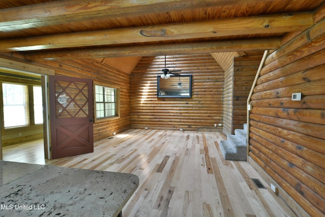 3490 Sherrod Rd, Nesbit, MS 38651 - unfurnished living room with light wood finished floors, log walls, and wooden ceiling