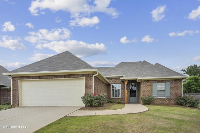 view of front of property with driveway, brick siding, an attached garage, and a front yard