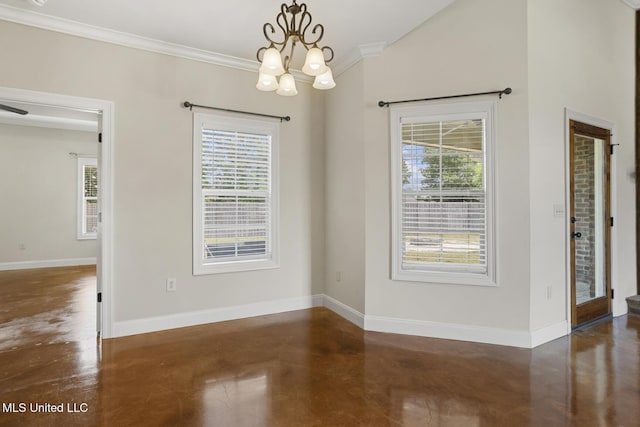 unfurnished dining area featuring concrete floors, ornamental molding, a chandelier, baseboards, and vaulted ceiling