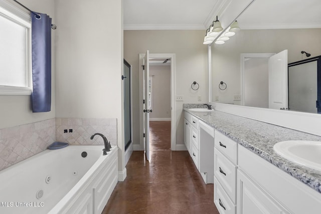 full bathroom with double vanity, a whirlpool tub, crown molding, baseboards, and finished concrete floors
