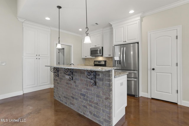 kitchen with appliances with stainless steel finishes, finished concrete flooring, baseboards, backsplash, and recessed lighting
