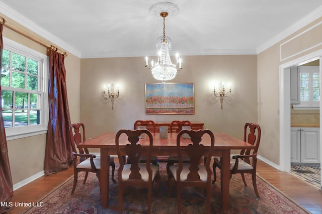 dining space featuring ornamental molding, a healthy amount of sunlight, and hardwood / wood-style floors