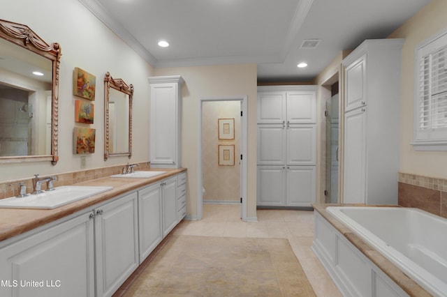 full bathroom featuring toilet, shower with separate bathtub, ornamental molding, vanity, and tile patterned flooring