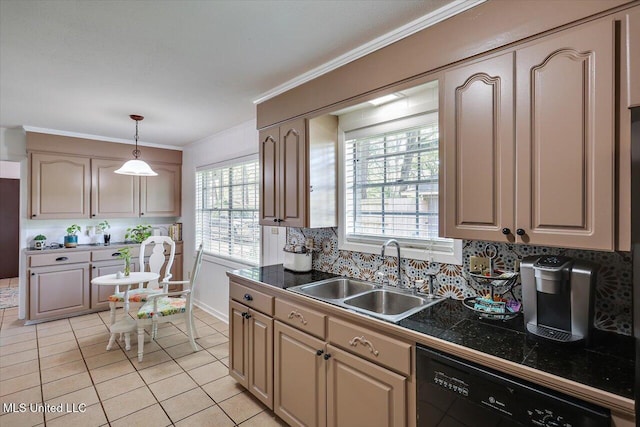 kitchen with a sink, black dishwasher, light tile patterned floors, backsplash, and hanging light fixtures