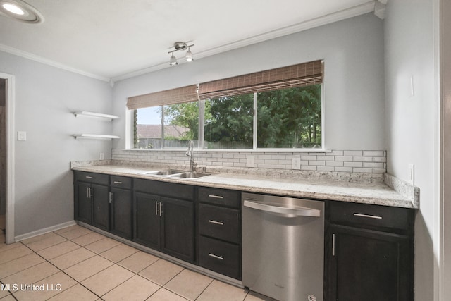 3306 Nottingham Rd, Ocean Springs, MS 39564 - kitchen featuring stainless steel dishwasher, backsplash, crown molding, open shelves, and dark cabinetry