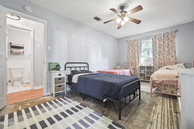 3306 Nottingham Rd, Ocean Springs, MS 39564 - bedroom featuring unfinished concrete flooring, vaulted ceiling, a wainscoted wall, and a ceiling fan