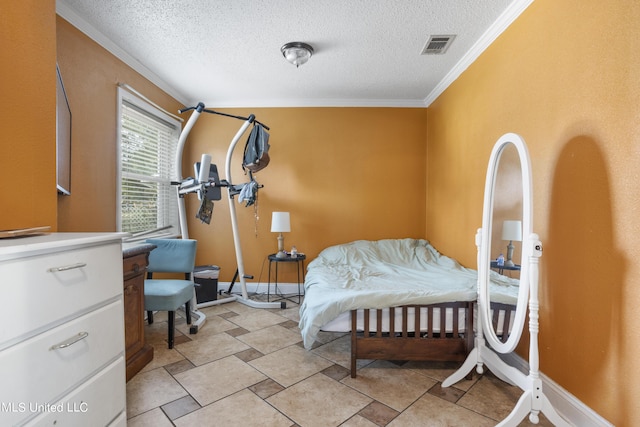 306 Jamaica Dr, Ocean Springs, MS 39564 - bedroom with crown molding, a textured ceiling, visible vents, and baseboards