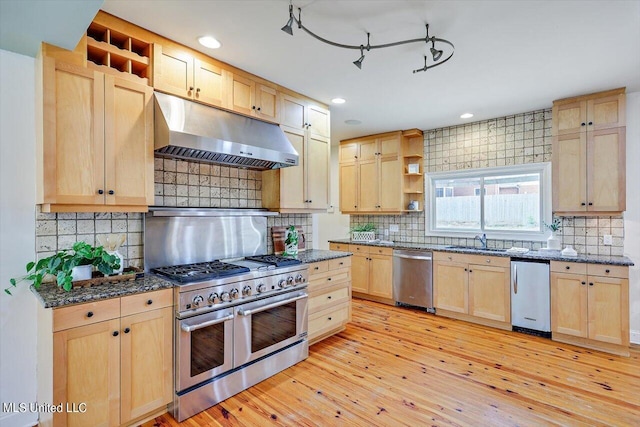 1771 Plantation Blvd, Jackson, MS 39211 - kitchen featuring light brown cabinetry, under cabinet range hood, open shelves, a sink, and appliances with stainless steel finishes