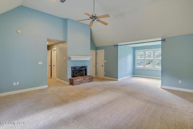 unfurnished living room with light colored carpet, ceiling fan, high vaulted ceiling, and a fireplace