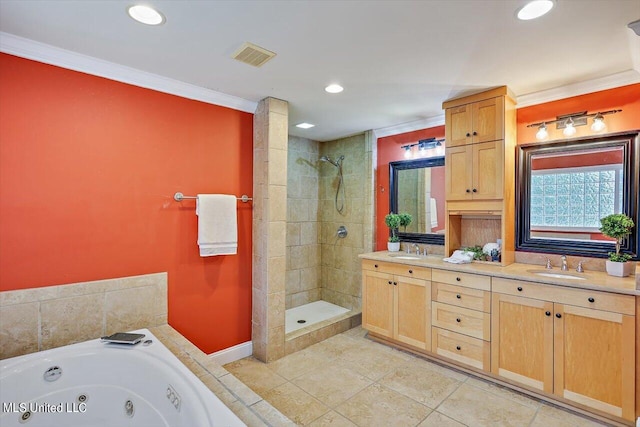 bathroom featuring vanity, ornamental molding, tile patterned flooring, and plus walk in shower