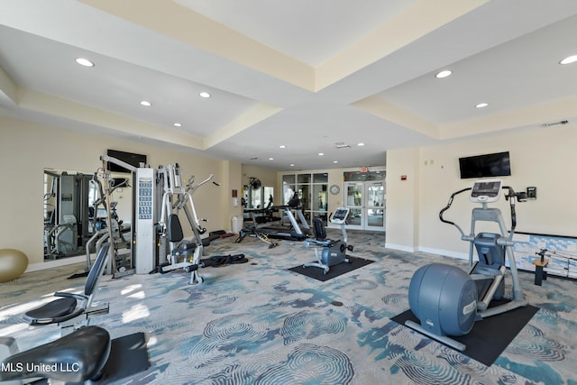 2230 Beach Dr Unit 205, Gulfport, MS 39507 - workout area with recessed lighting, carpet, a tray ceiling, and baseboards