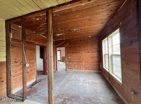 spare room featuring wooden ceiling and wooden walls