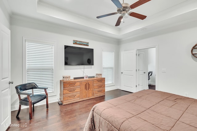35 Enclave Cir, Ridgeland, MS 39157 - bedroom featuring a raised ceiling, dark wood finished floors, ornamental molding, baseboards, and ceiling fan