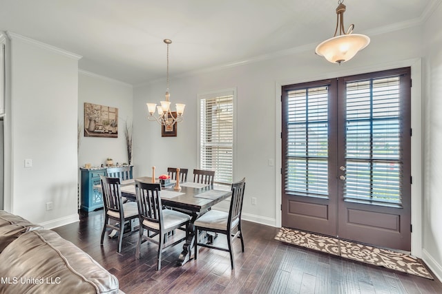 35 Enclave Cir, Ridgeland, MS 39157 - dining room with french doors, a chandelier, dark wood-style floors, baseboards, and ornamental molding