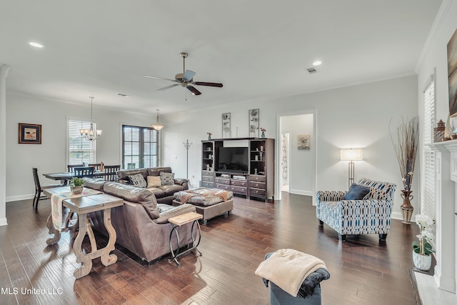 35 Enclave Cir, Ridgeland, MS 39157 - living area featuring ceiling fan, dark wood finished floors, baseboards, a chandelier, and crown molding