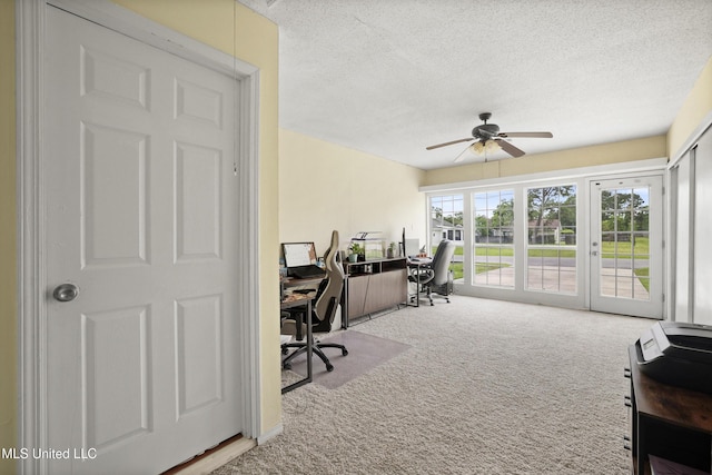 office space with carpet floors, a ceiling fan, and a textured ceiling