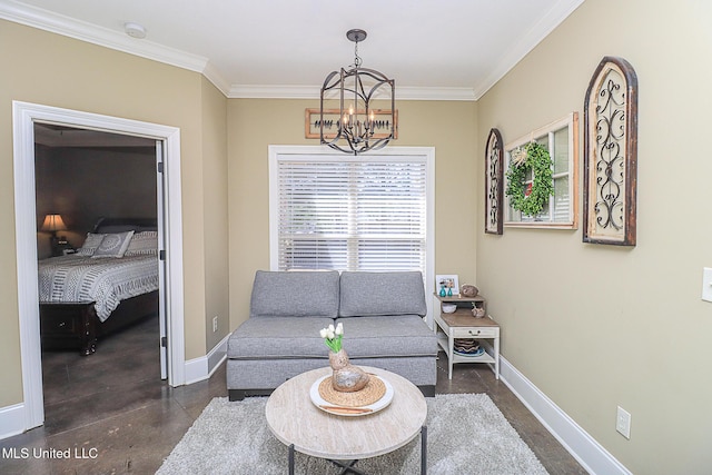 sitting room featuring a chandelier, ornamental molding, finished concrete flooring, and baseboards