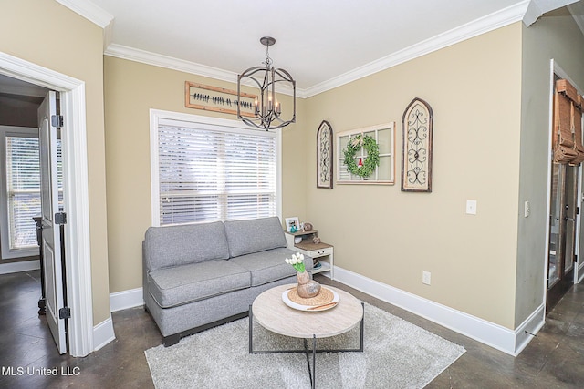 living room with a wealth of natural light, crown molding, baseboards, and an inviting chandelier