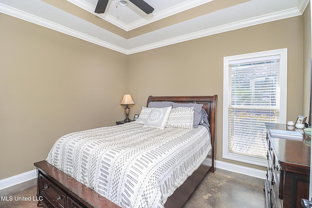 bedroom with a ceiling fan, baseboards, concrete flooring, and ornamental molding