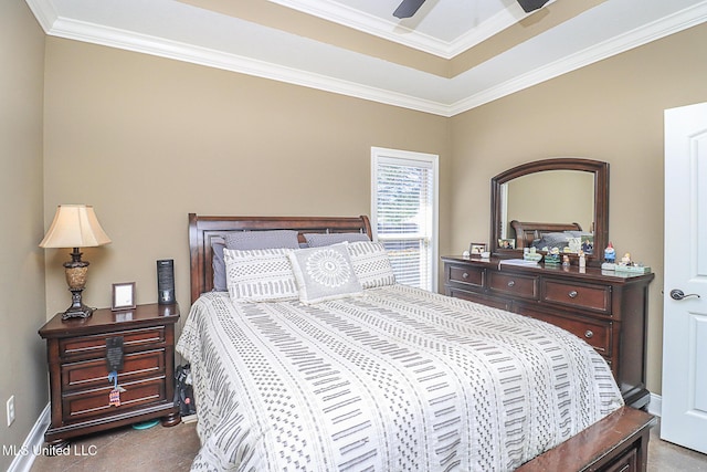 bedroom with a ceiling fan, baseboards, and crown molding