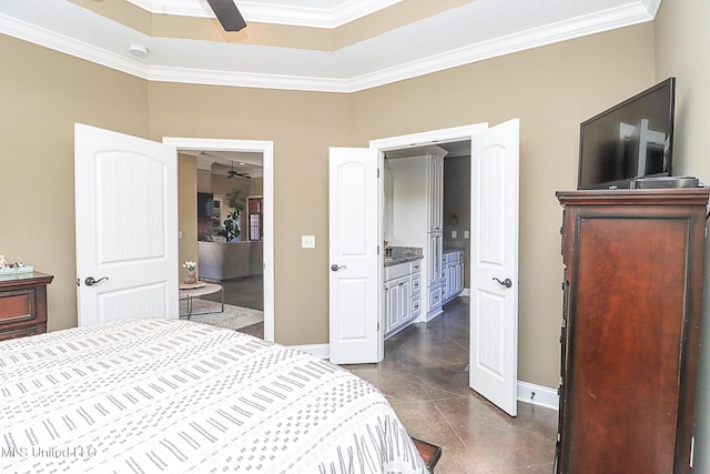 bedroom featuring ornamental molding, ceiling fan, and baseboards