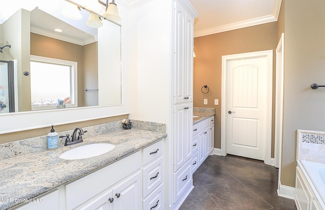 bathroom featuring a bath, ornamental molding, vanity, and baseboards