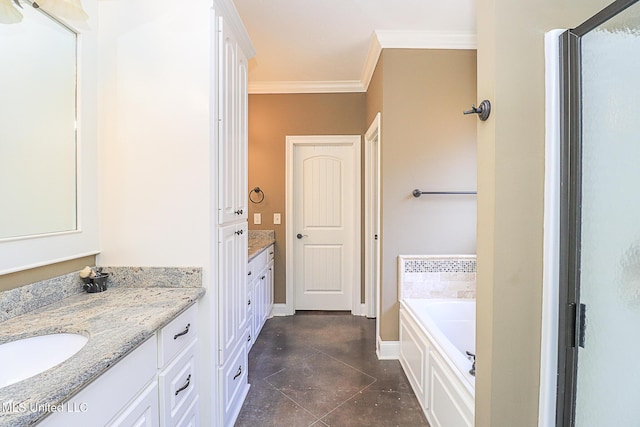 full bathroom featuring a garden tub, baseboards, ornamental molding, and vanity