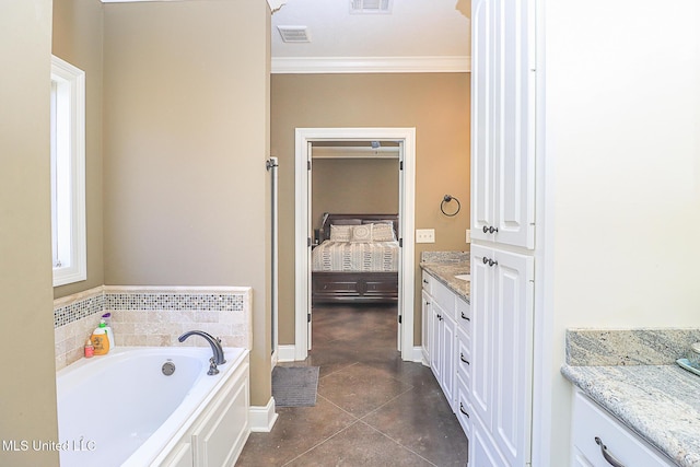 bathroom with visible vents, ornamental molding, ensuite bathroom, vanity, and a bath