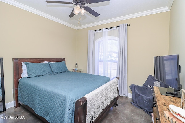 bedroom featuring ornamental molding, concrete floors, baseboards, and a ceiling fan