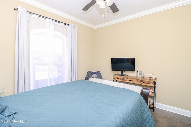 bedroom with ornamental molding, a ceiling fan, and baseboards