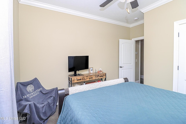 bedroom with a ceiling fan and crown molding