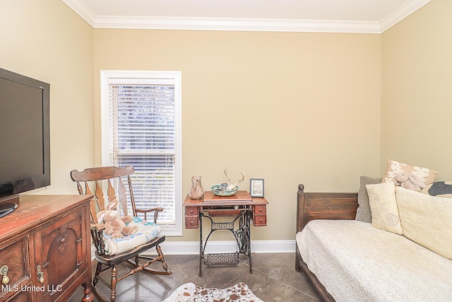 bedroom featuring ornamental molding and baseboards