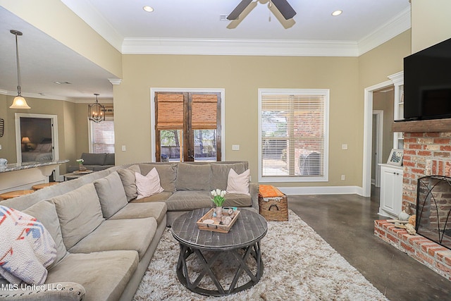 living room with baseboards, ornamental molding, finished concrete floors, a brick fireplace, and recessed lighting