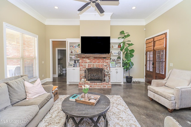 living room featuring crown molding, a brick fireplace, and baseboards